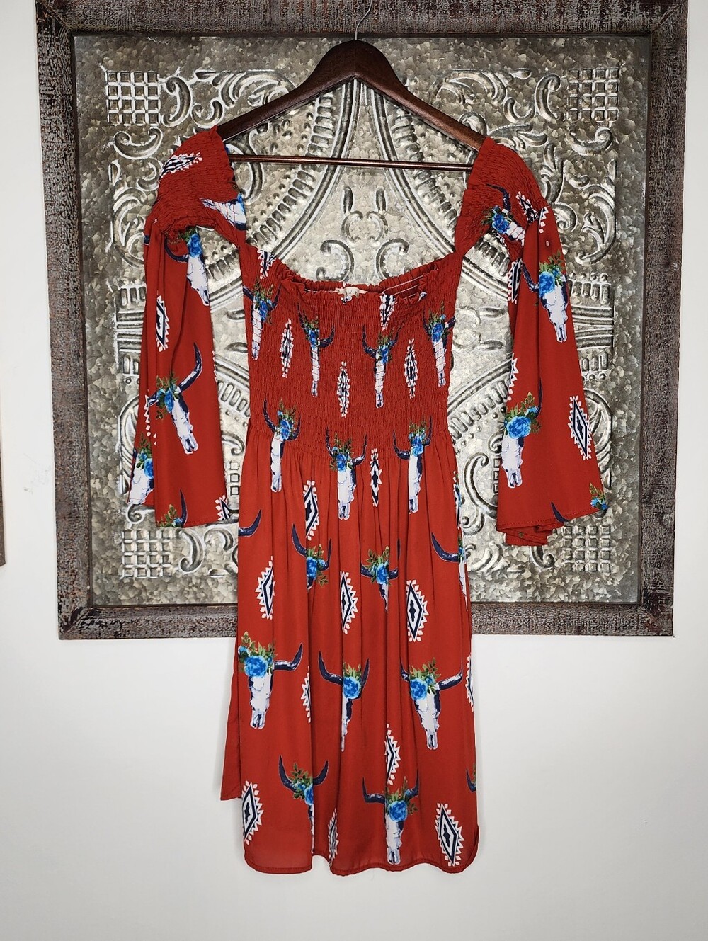 Berry N Cream Rustic Boho Off-Shoulder Smocked Floral Steer-Print Dress Large